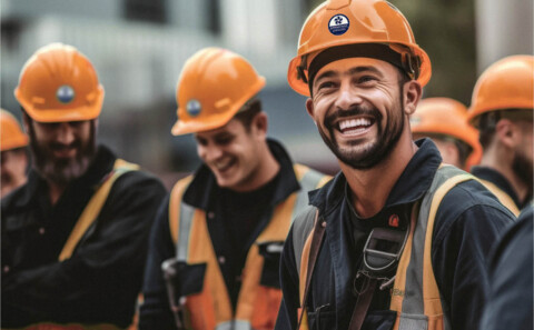 Contractors on site wearing helmet with SafeContractor logo