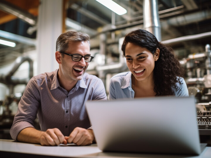 Two happy employees smiling in a manufacturing plant